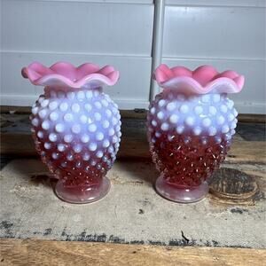 Unmarked Pair of Pink and White Hobnail Pattern Glass Vases, Decorative 3.5”
